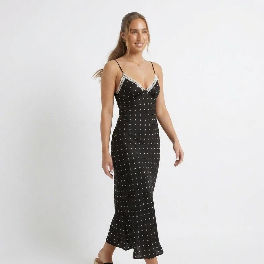 Printed Sleeveless Sling Neckline Lace Slim Fit Dress