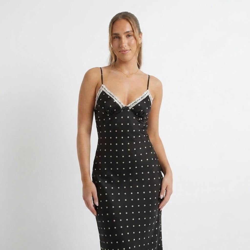 Printed Sleeveless Sling Neckline Lace Slim Fit Dress