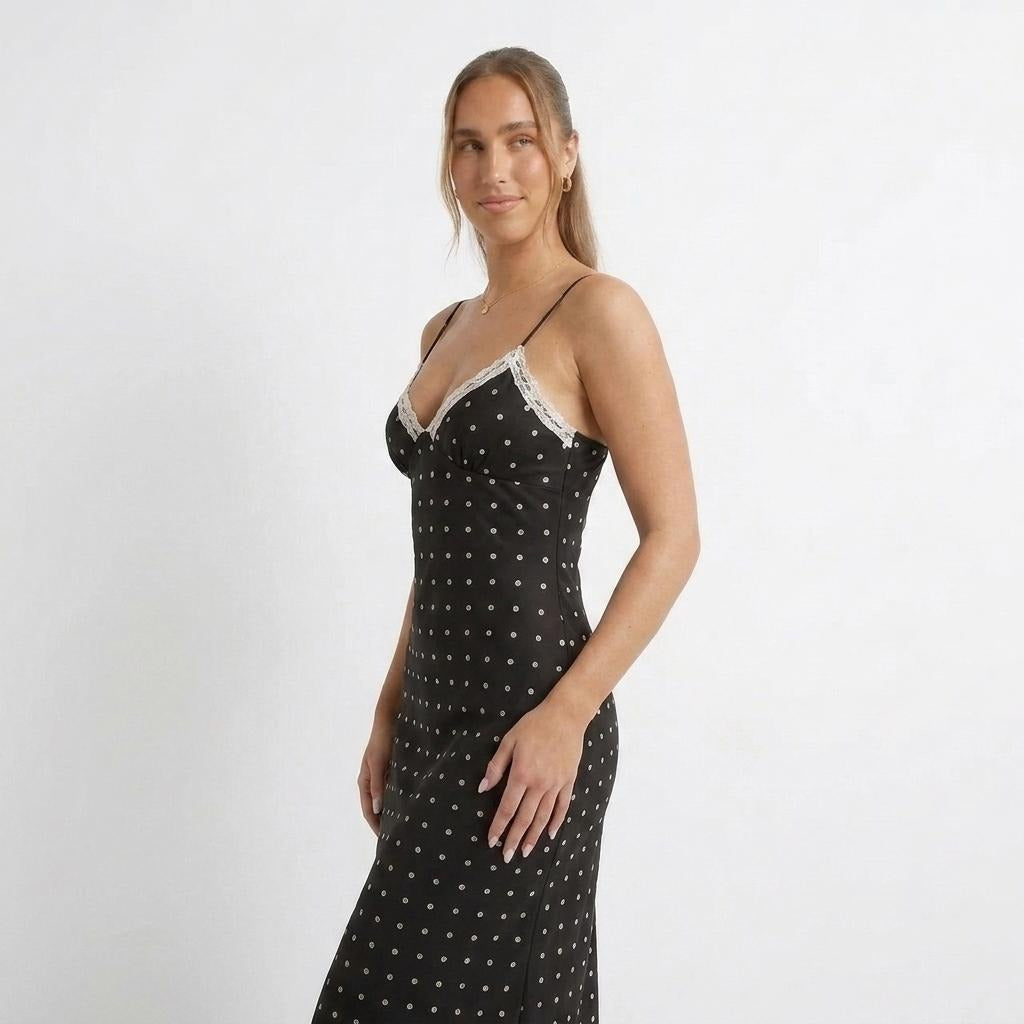 Printed Sleeveless Sling Neckline Lace Slim Fit Dress
